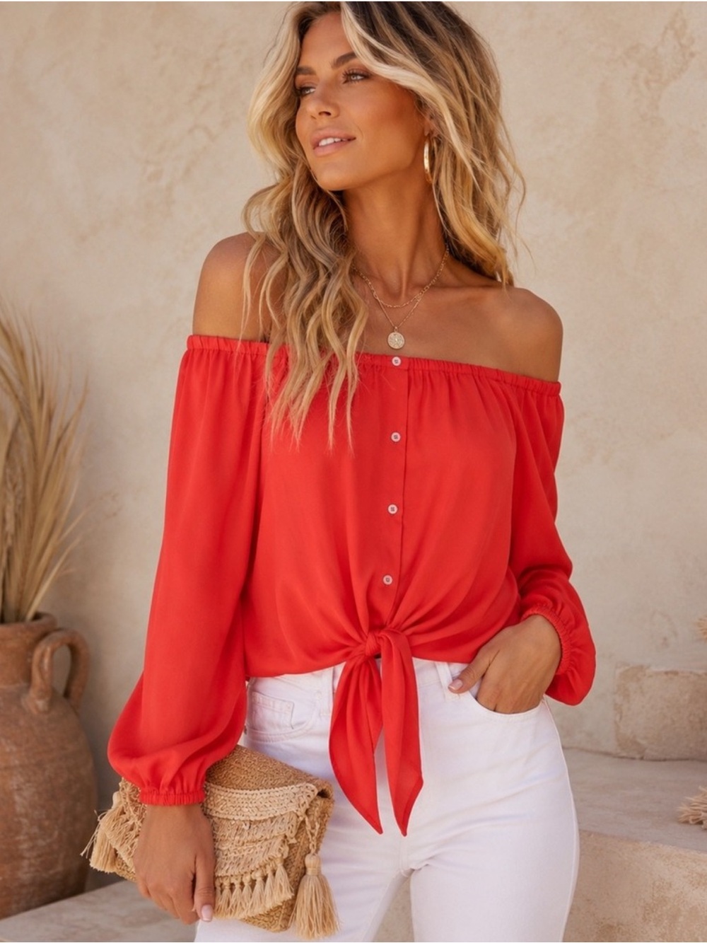 NEW! Vince Camuto Off-the-Shoulder Front-Tie Red Blouse women’s size XL NWT